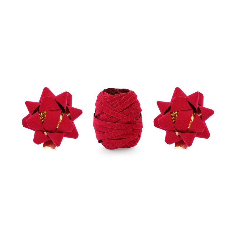 Set 2 coccarde rosso velluto + rocchetto nastrino confezionamento pacco regalo