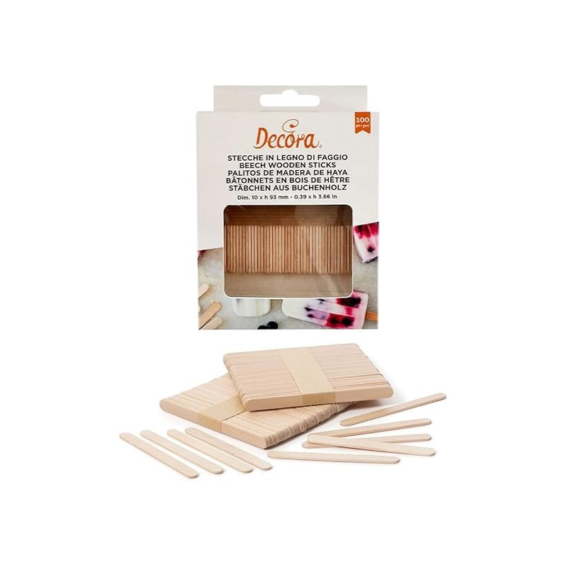100 Stecche in Legno Di Faggio per Gelati e biscotti su stecco. Dim.10 X H93 mm