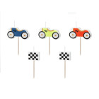 Set 5 Candele Auto da Corsa e Bandiere - candelina in cera per torte e dolci