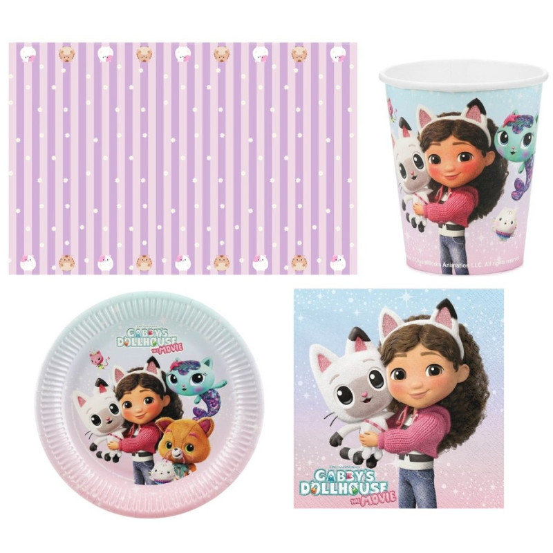 33pz -Coordinato tavola festa GABBY'S DOLLHOUSE - piatti, bicchieri, tovaglioli, tovaglia - 6 ospiti