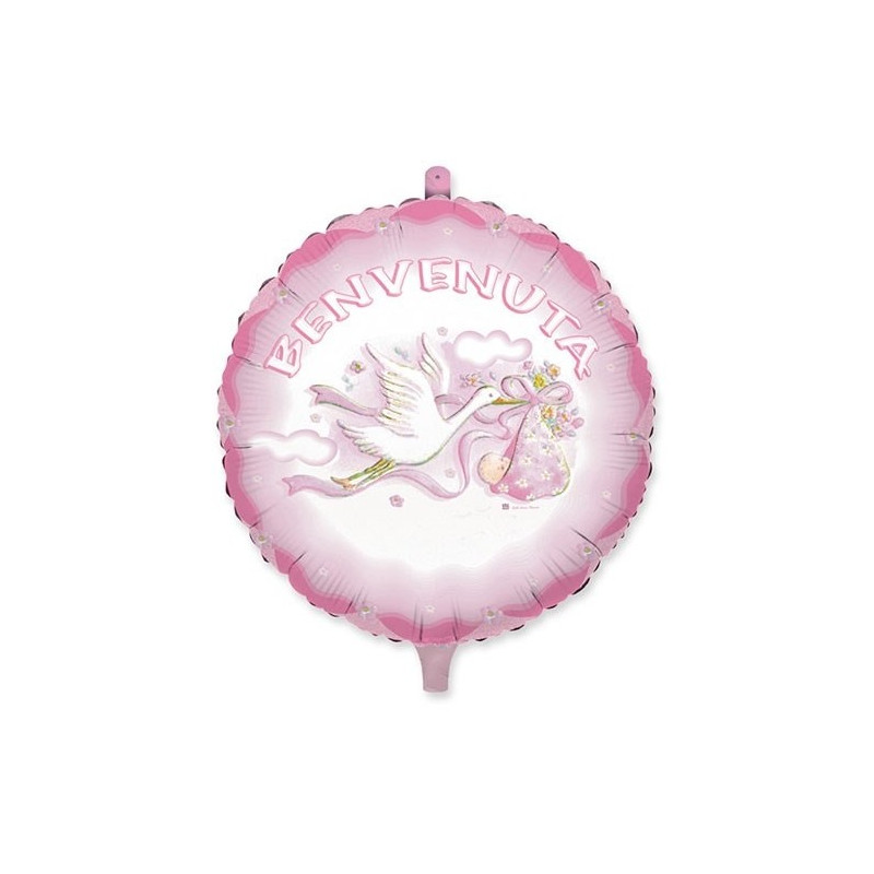 Pallone BENVENUTA Rosa - Nascita Bimba - PALLONCINO 45cm - stampa cicogna