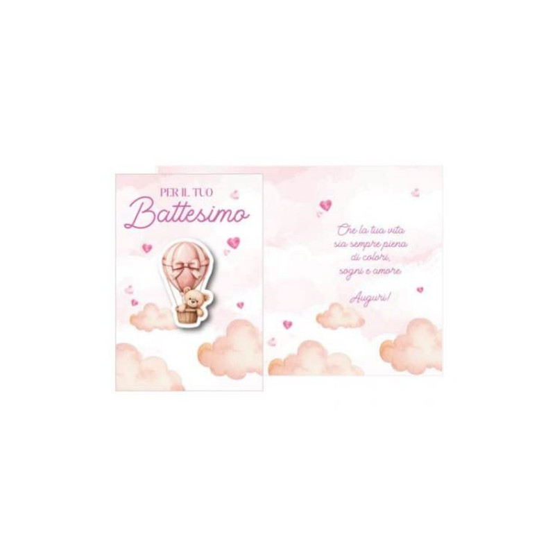 Biglietto d'auguri BATTESIMO bambina Bimba ROSA con ciondolo in legno Orsetto in mongolfiera