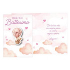 Biglietto d'auguri BATTESIMO bambina Bimba ROSA con ciondolo in legno Orsetto in mongolfiera