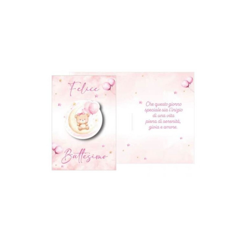 Biglietto d'auguri BATTESIMO bambina Bimba ROSA con ciondolo in legno Orsetto su luna