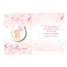 Biglietto d'auguri BATTESIMO bambina Bimba ROSA con ciondolo in legno Orsetto su luna