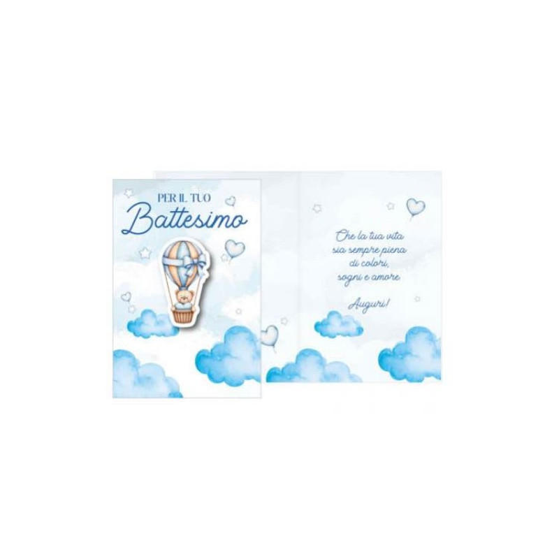 Biglietto d'auguri BATTESIMO bambino Bimbo CELESTE con ciondolo in legno Orsetto in mongolfiera