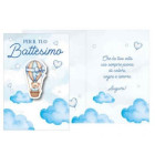 Biglietto d'auguri BATTESIMO bambino Bimbo CELESTE con ciondolo in legno Orsetto in mongolfiera