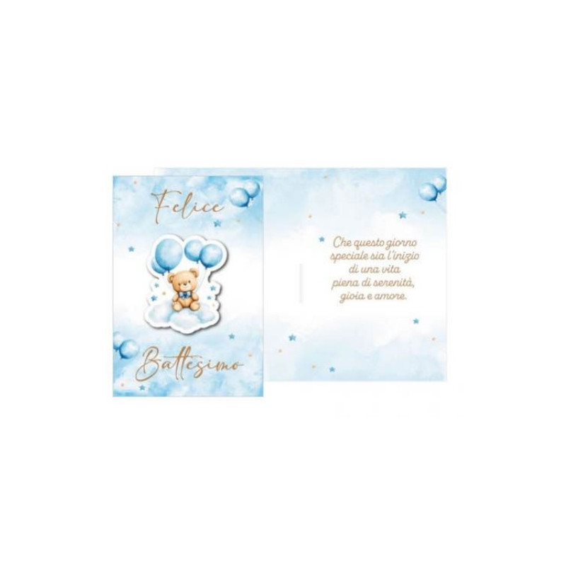 Biglietto d'auguri BATTESIMO bambino Bimbo CELESTE con ciondolo in legno Orsetto su nuvola