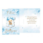 Biglietto d'auguri BATTESIMO bambino Bimbo CELESTE con ciondolo in legno Orsetto su nuvola