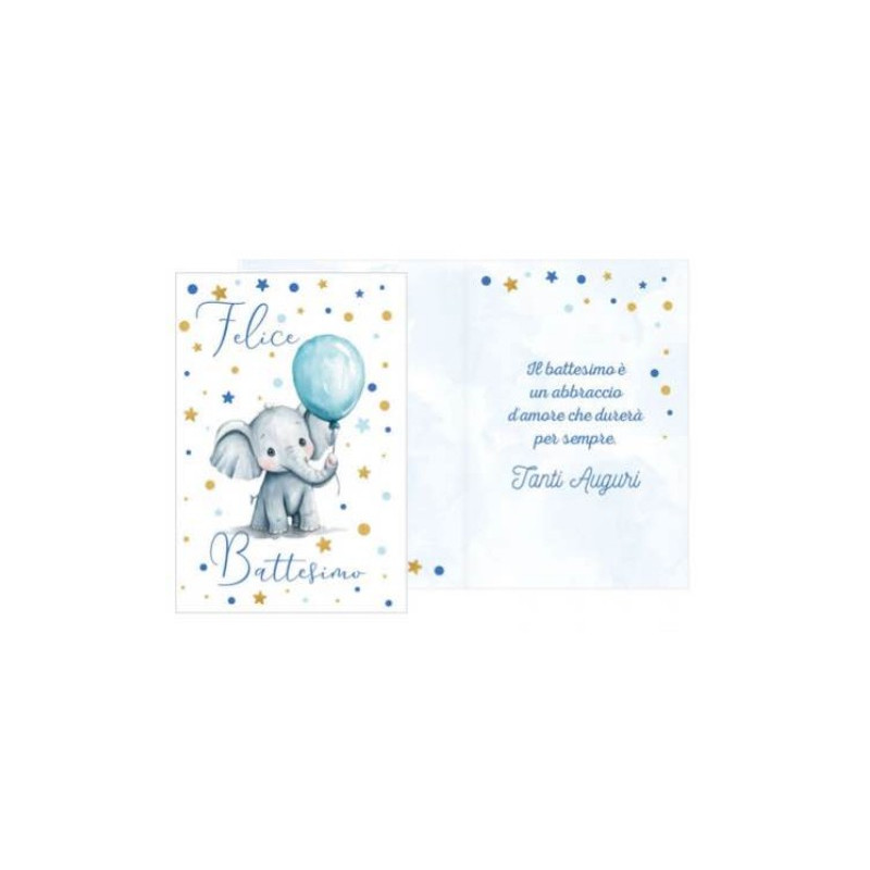 Biglietto d'auguri BATTESIMO bambino bimbo con elefantino con palloncini Celeste