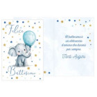 Biglietto d'auguri BATTESIMO bambino bimbo con elefantino con palloncini Celeste