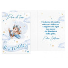 Biglietto d'auguri BATTESIMO bambino bimbo con orsetto su aeroplano Celeste
