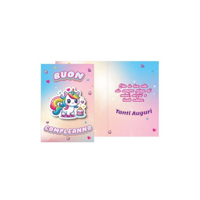Biglietto Unicorno Buon Compleanno con ciondolo in legno a forma unicorno