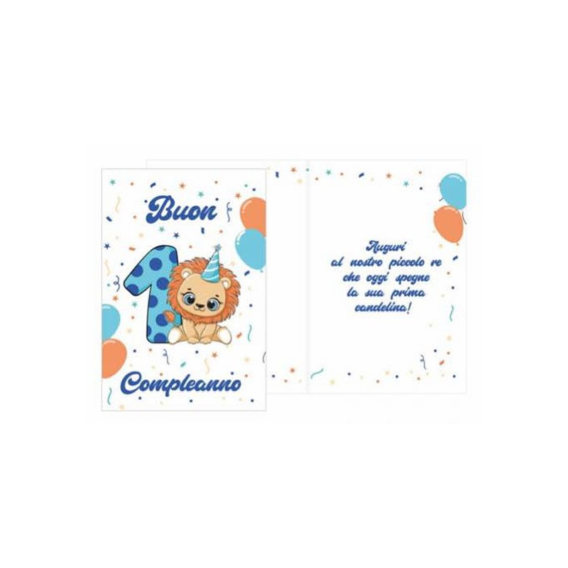 Biglietto d'auguri 1 Primo Compleanno con Leoncino bimbo - completo di busta