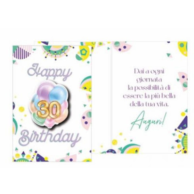 Biglietto auguri 30 anni stampa palloncini lilla con ciondolo numero 30 in legno