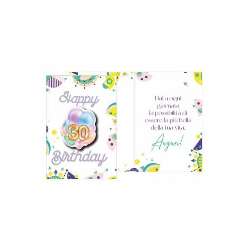 Biglietto auguri 30 anni stampa palloncini lilla con ciondolo numero 30 in legno