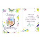 Biglietto auguri 30 anni stampa palloncini lilla con ciondolo numero 30 in legno