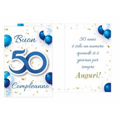 Biglietto d'auguri augurale compleanno 50 anni- con ciondolo in legno 50 blu