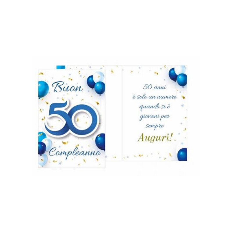 Biglietto d'auguri augurale compleanno 50 anni- con ciondolo in legno 50 blu