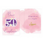 Biglietto d'auguri augurale compleanno 50 anni- con ciondolo in legno 50 lilla