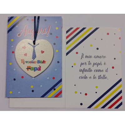 Biglietto auguri per il PAPA' con ciondolo cuore legno tondo "Ti voglio bene papà"