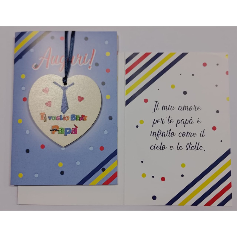 Biglietto auguri per il PAPA' con ciondolo cuore legno tondo "Ti voglio bene papà"