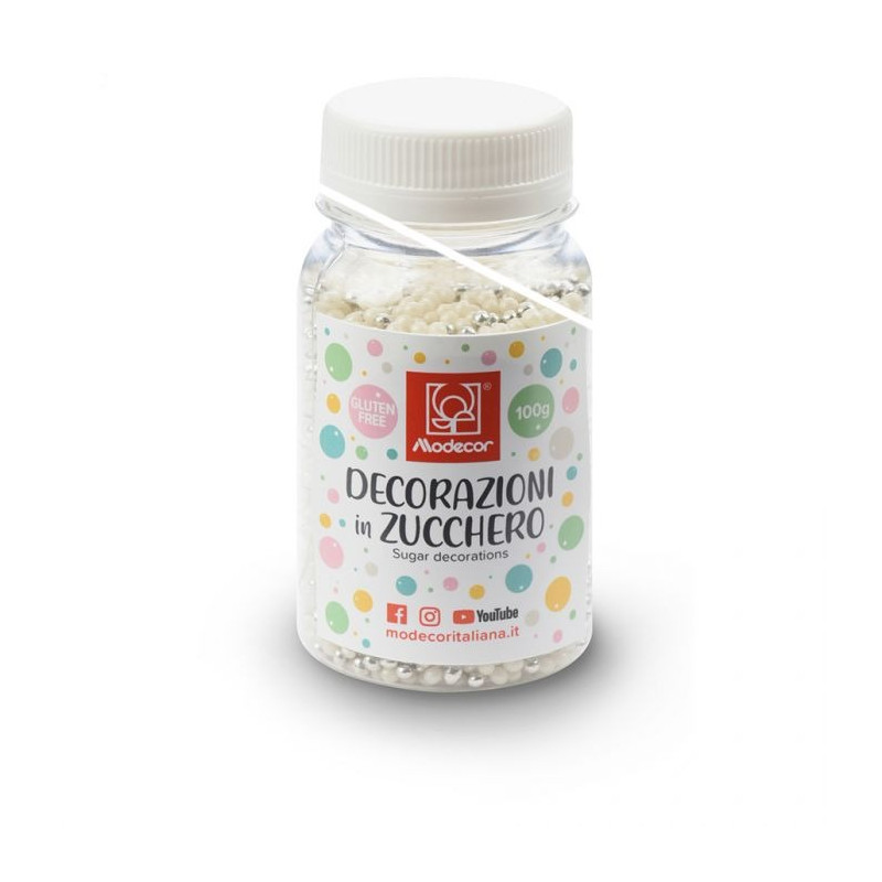 Perline BIANCO ARGENTO in ZUCCHERO 100g  perle sferiche ideale per decori torte