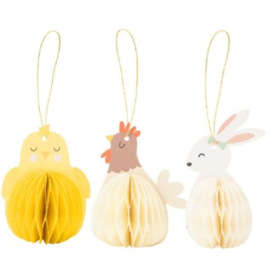 Set 3 decorazioni coniglio pulcino gallina in carta - Decorazione pasquale frufru - 8/9cm