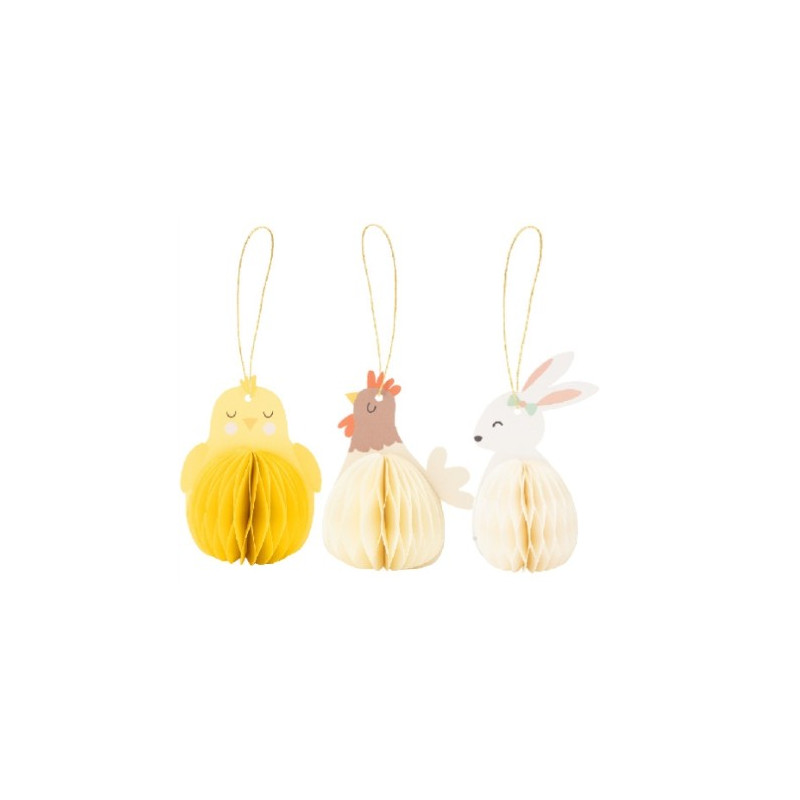 Set 3 decorazioni coniglio pulcino gallina in carta - Decorazione pasquale frufru - 8/9cm