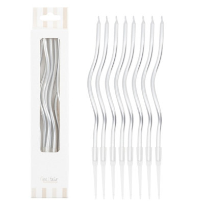 8 Candele CURLY - RICCIA ARGENTO Mezzo Stelo candeline in cera per torte H12,3 cm