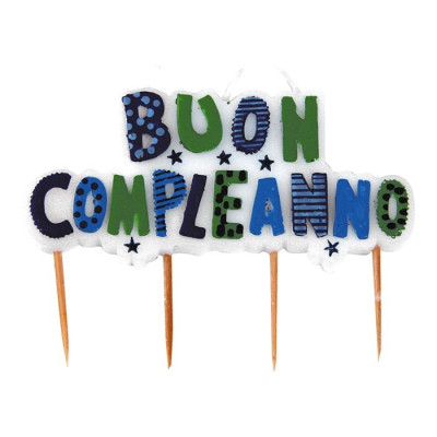 Candela picks BUON COMPLEANNO - blu verde - 9x7cm - candelina per torte e dolci