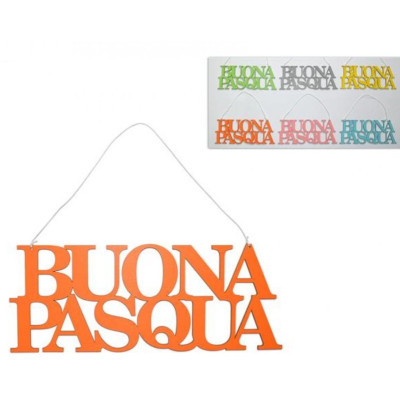 1 Dietro porta scritta "BUONA PASQUA" in LEGNO 33X13 cm GIALLA