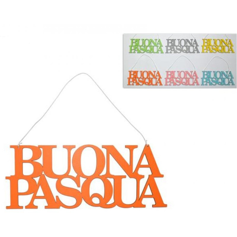 1 Dietro porta scritta "BUONA PASQUA" in LEGNO 33X13 cm GIALLA