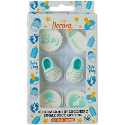 Soggetti Nascita it's a Boy Celeste - Decorazione in zucchero per Dolci - 6 pezzi ssortiti