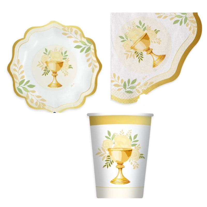 Coordinato feste tavola PRIMA COMUNIONE HOLY calice piatti bicchieri tovaglioli