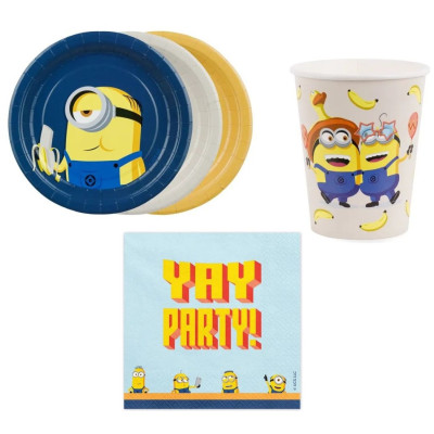 44pz -Coordinato tavola festa MINIONS - piatti, bicchieri, tovaglioli - 12 ospiti