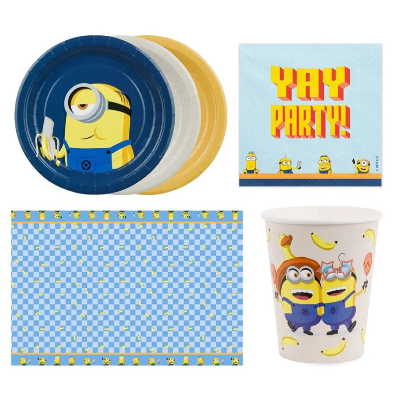 45pz -Coordinato tavola festa MINIONS - piatti, bicchieri, tovaglioli, tovaglia - 12 ospiti