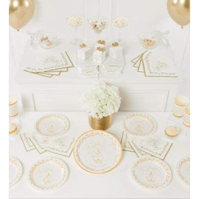 Coordinato feste tavola SANTA CRESIMA Bianco e Oro piatti bicchieri tovaglioli