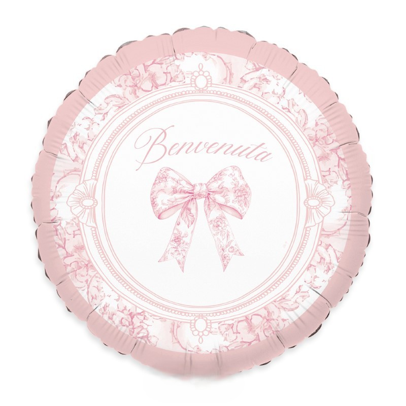 Pallone BENVENUTA ROSA - Nascita Bimba - stampa fiocco vintage - 45cm