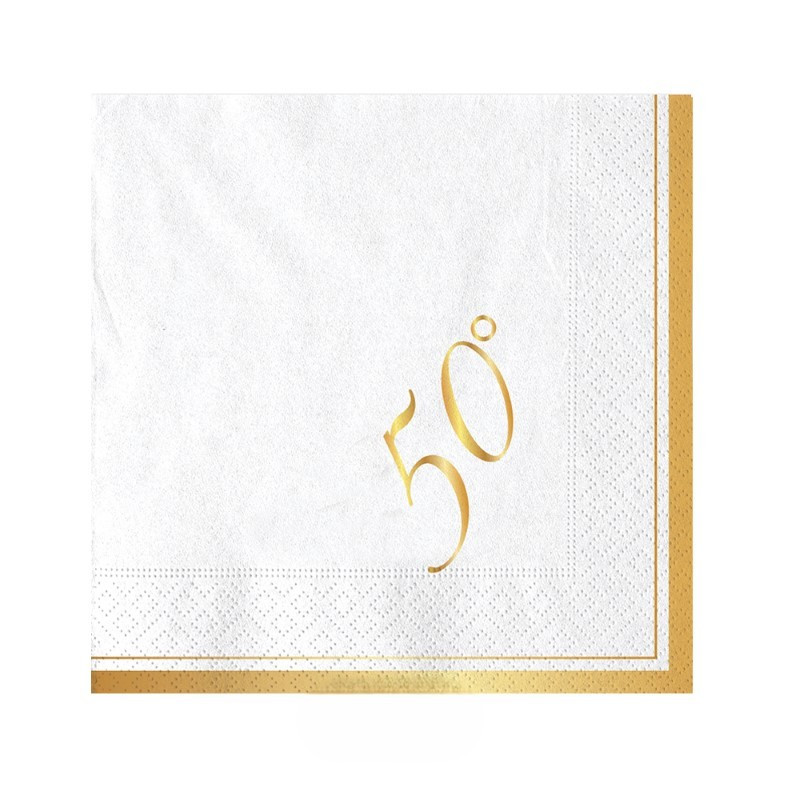 16 Tovaglioli in carta 50° anni - bianco oro lucido - 25x25cm - Tovagliolini da dessert