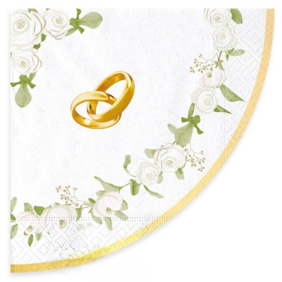 16 Tovaglioli in carta con FEDI e rose - bordo ORO lucido - decoro matrimonio 33x33cm