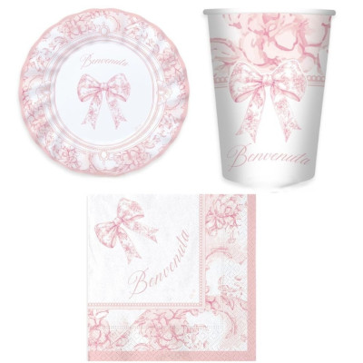 Coordinato tavola BENVENUTA rosa bambina bimba piatti bicchieri tovaglioli