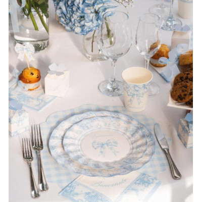 Coordinato tavola BENVENUTO celeste bambino bimbo piatti bicchieri tovaglioli