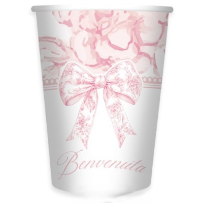 Coordinato tavola BENVENUTA rosa bambina bimba piatti bicchieri tovaglioli