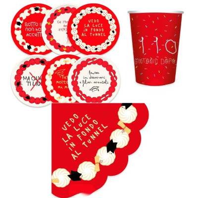 Coordinato feste tavola LAUREA con stampa frasi spiritose piatti bicchieri tovaglioli