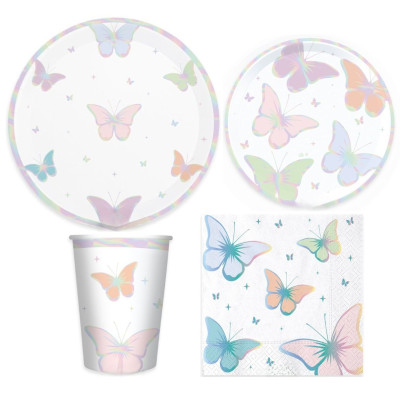 Coordinato feste tavola FARFALLE multicolor iridescente -  piatti bicchieri tovaglioli