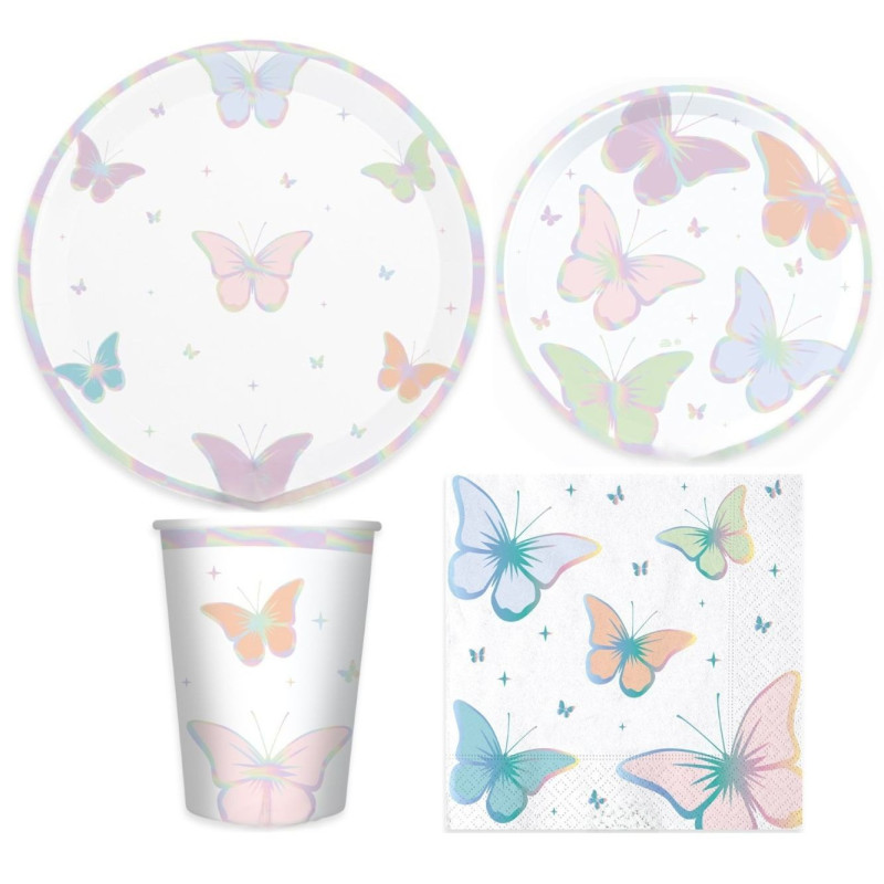 Coordinato feste tavola FARFALLE multicolor iridescente -  piatti bicchieri tovaglioli