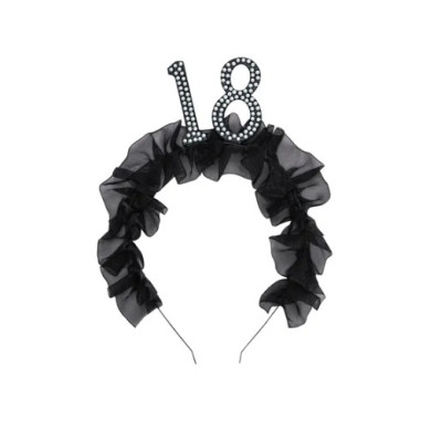 Cerchietto Frontino 18 Anni con volant in tessuto nero e numero 18 decorato con perle