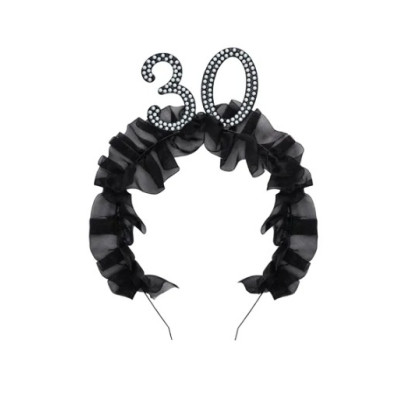 Cerchietto Frontino 30 Anni con volant in tessuto nero e numero 30 decorato con perle