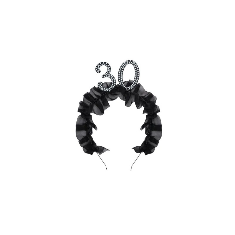 Cerchietto Frontino 30 Anni con volant in tessuto nero e numero 30 decorato con perle